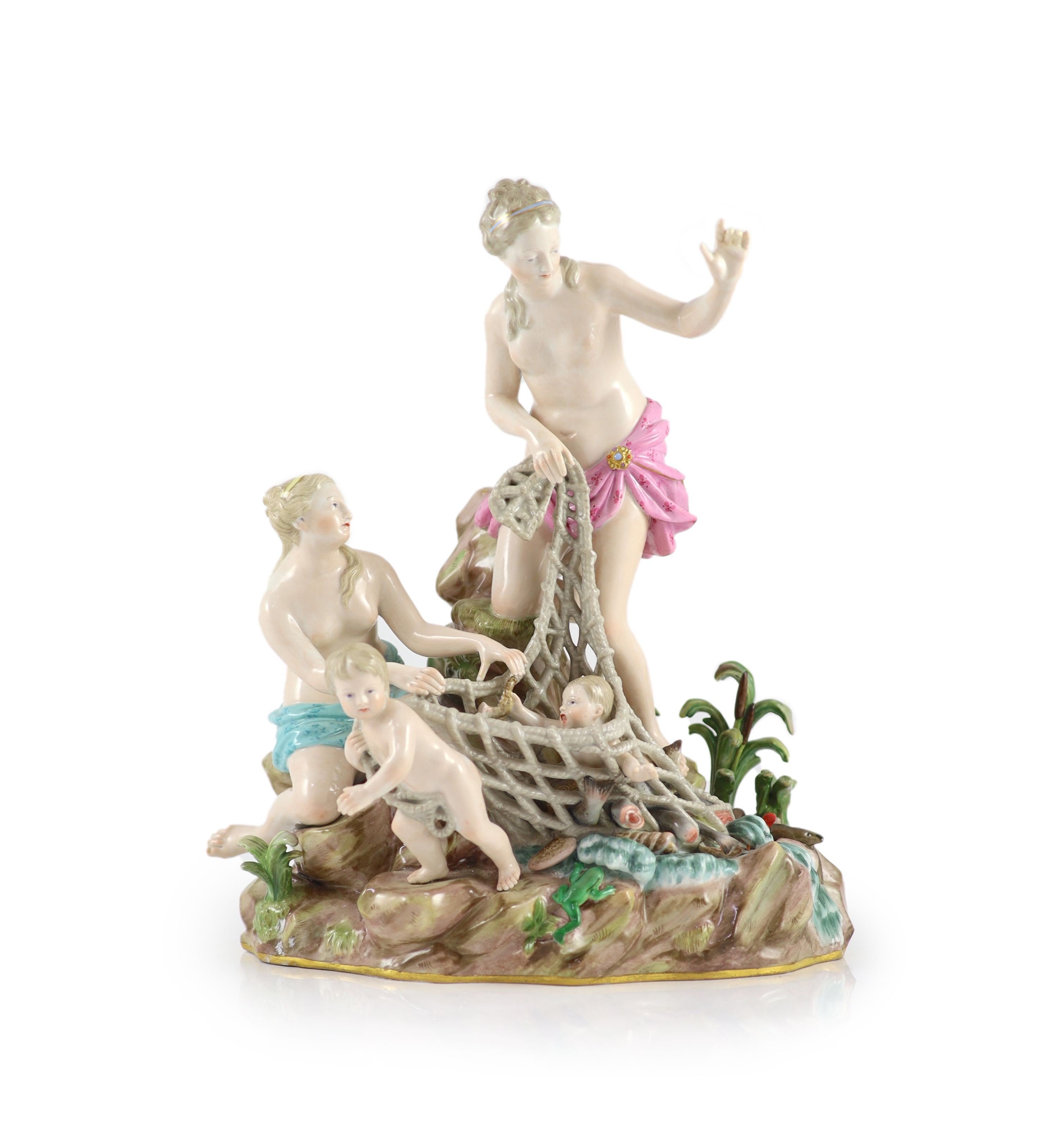 A Meissen group ‘The Capture of the Tritons, 19th century, modelled by Kandler, 31cm high, some restoration